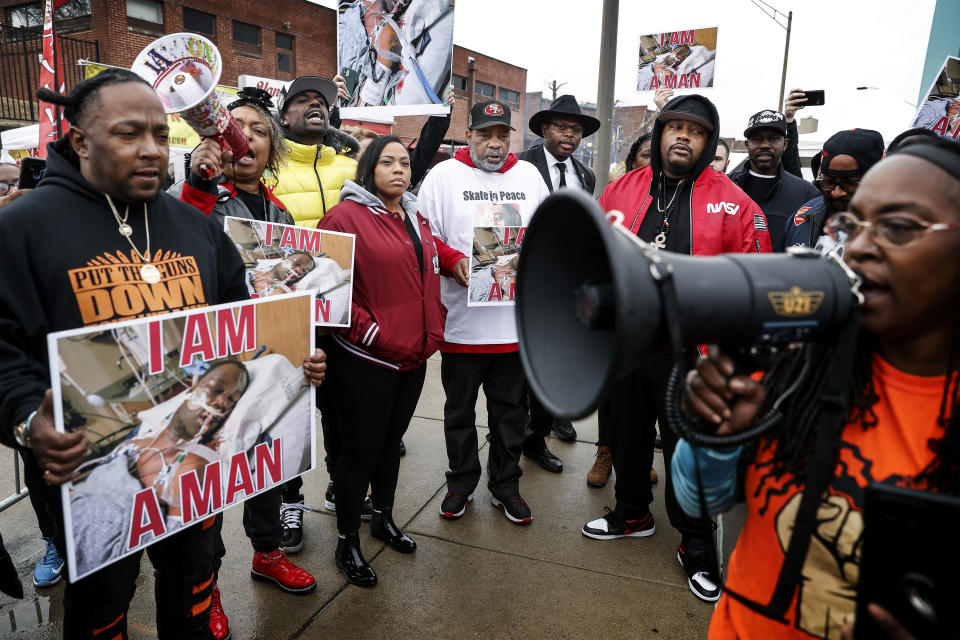 Family members and local activist held a rally for Tyre Nichols at the National Civil Rights Museum on Monday, Jan. 16, 2023. Nichols was killed during a traffic stop with Memphis Police Jan. 7. (Mark Weber/Daily Memphian via AP)