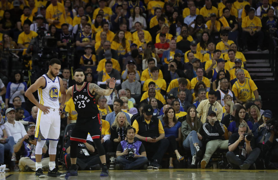 The Warriors and Raptors are now at even odds to win the 2019 NBA Finals. (Getty Images)