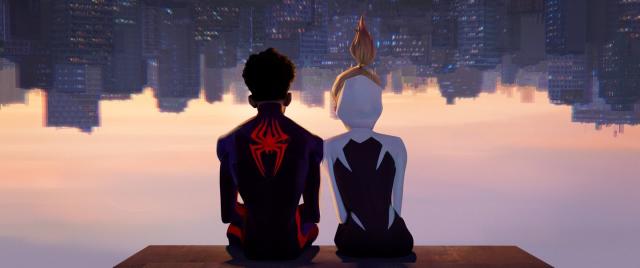 spiderman across the spiderverse miles and gwen hanging upside down looking at the city skyline