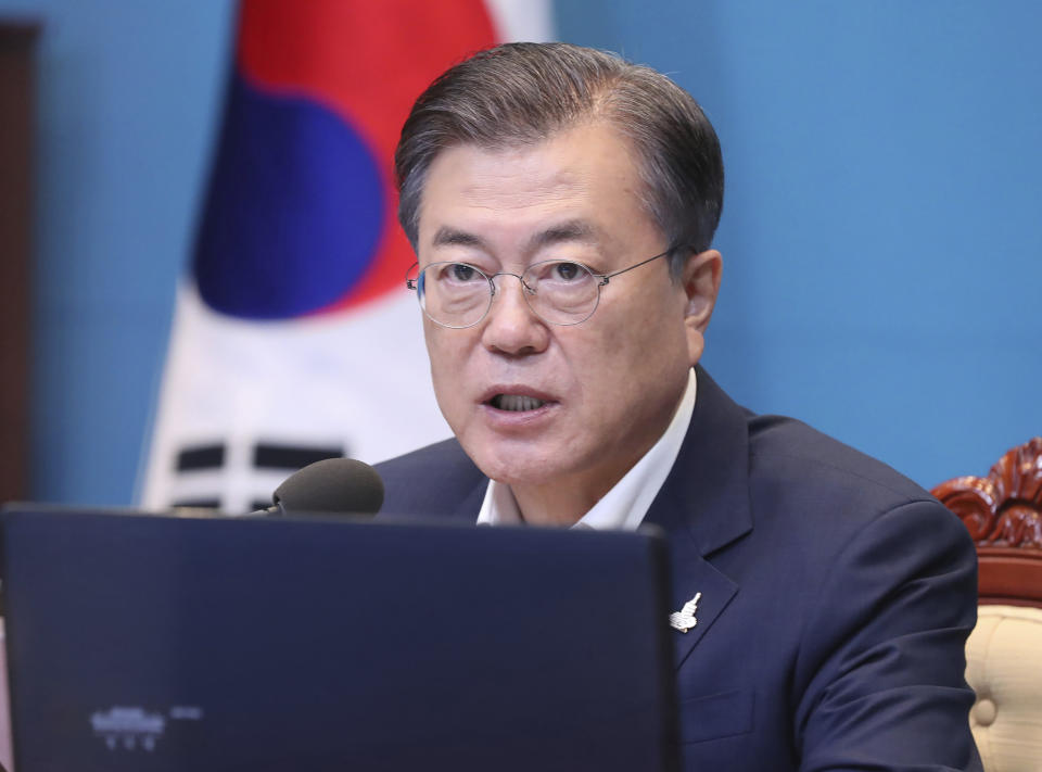 South Korean President Moon Jae-in speaks during a meeting with his senior secretaries at the presidential Blue House in Seoul, South Korea, Monday, Sept. 28, 2020. (Lee Jin-wook/Yonhap via AP)