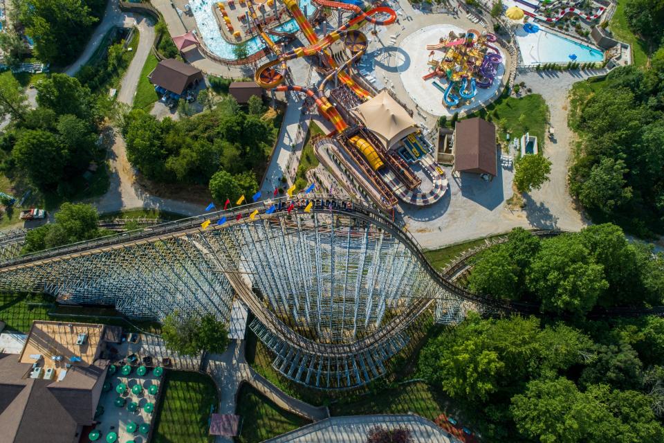 This roller coaster and water park at Holiday World in Santa Claus is among the aerial scenes in the film “Liminal: Indiana in the Anthropocene.”