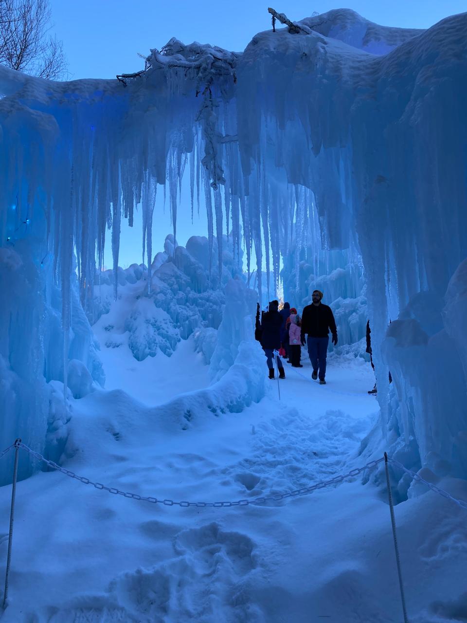 A view through the icicles in the New Hampshire ice castle in North Woodstock. Note: these icicles were there to look at but not to walk under.