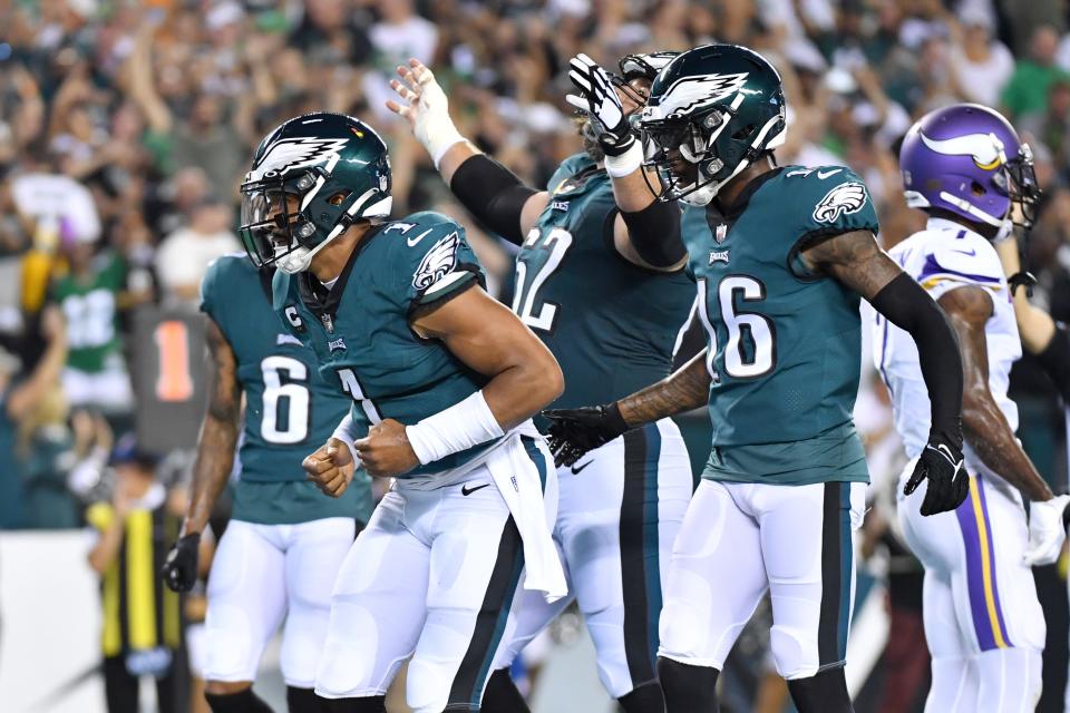 Jalen Hurts celebrates a touchdown against the Vikings. ERIC HARTLINE/USA Today Sports