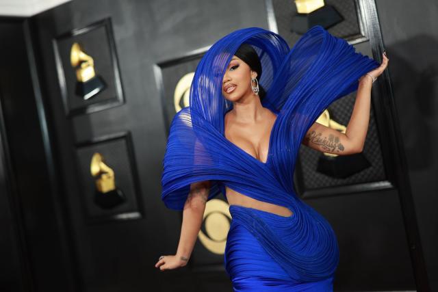 Cardi B Teases Super Bowl Commercial in Blue Lace-Up Dress, Chanel
