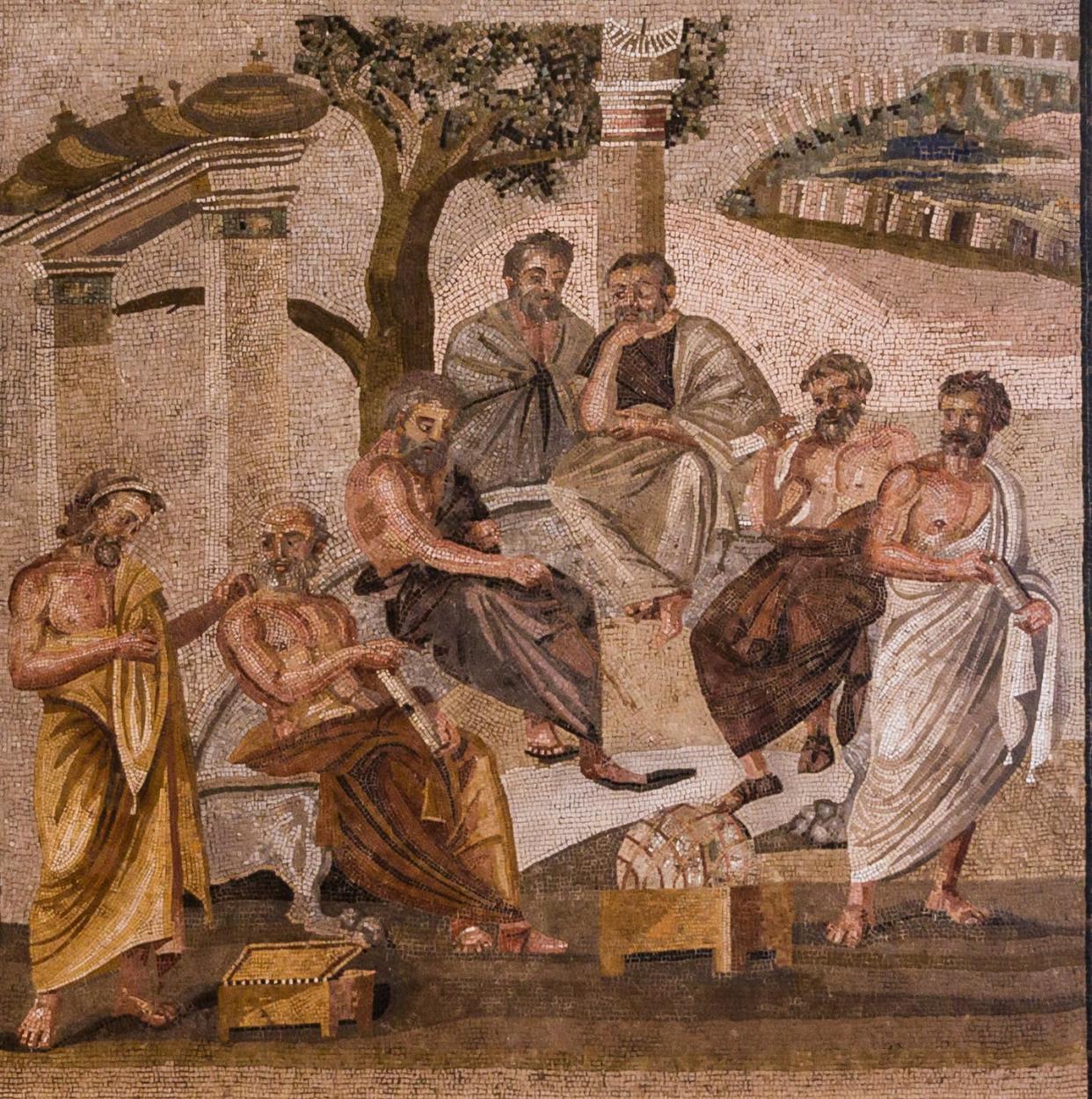 Mosaico de la Academia de Platón, del siglo I a.e.c., procedente de Pompeya, actualmente en el Museo Nacional Arqueológico de Nápoles. <a href="https://es.wikipedia.org/wiki/Archivo:MANNapoli_124545_plato%27s_academy_mosaic.jpg" rel="nofollow noopener" target="_blank" data-ylk="slk:Wikimedia Commons;elm:context_link;itc:0;sec:content-canvas" class="link ">Wikimedia Commons</a>