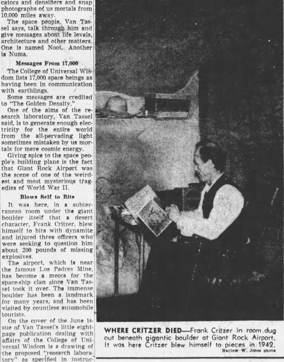 A newspaper clipping shows a column of text and a photo of a man in profile, sitting with a book or magazine in hand.