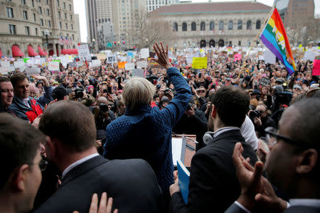 U.S. Senator Elizabeth Warren speaks to the crowd gathered in Copley Square for the "Boston Protest Against Muslim Ban and Anti-Immigration Orders" to protest U.S. President Donald Trump's executive order travel ban in Boston, Massachusetts, U.S. January 29, 2017. REUTERS/Brian Snyder