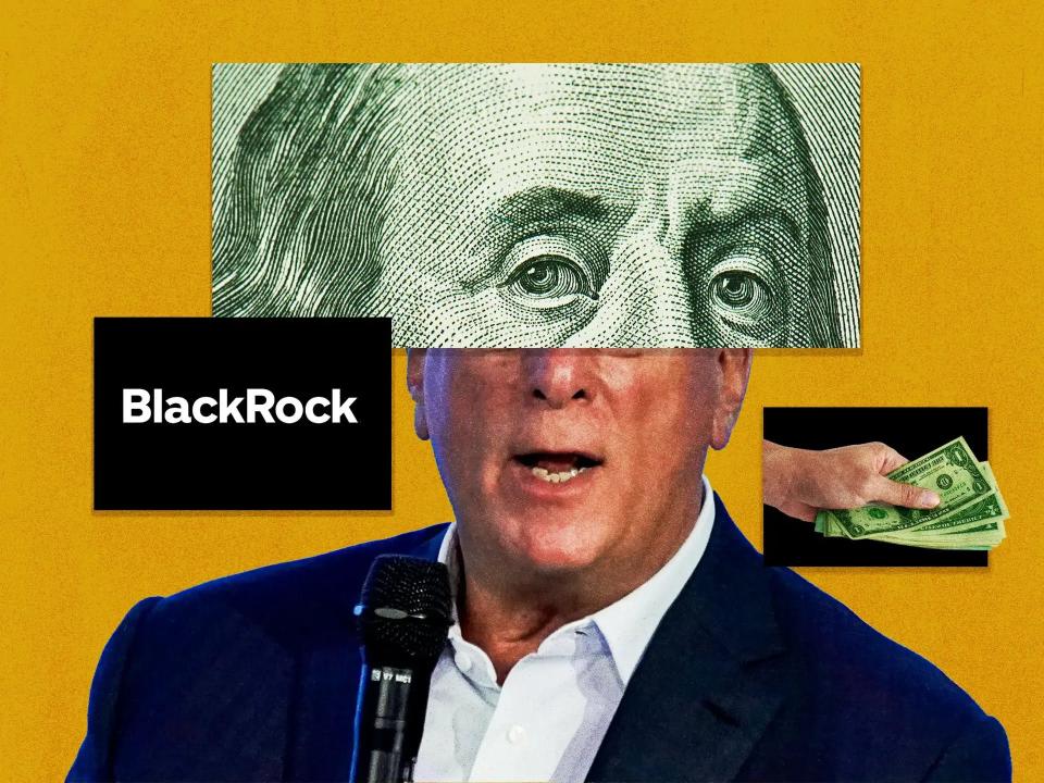 Illustration of BlackRock's CEO with images of money