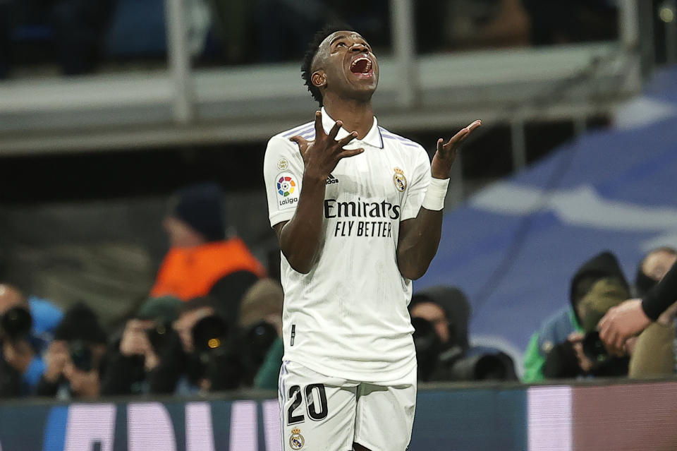 MADRID, SPAIN - JANUARY 29: Vinicius Junior (20) of Real Madrid reacts after a position during the La Liga - Spanish league football match between Real Madrid CF and Real Sociedad at the Santiago Bernabeu Stadium in Madrid on January 29, 2023. (Photo by Burak Akbulut/Anadolu Agency via Getty Images)