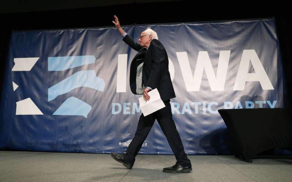 Democratic presidential candidate Bernie Sanders arrives on stage to speak during the Iowa Democratic Party's Hall of Fame Celebration, Sunday, June 9, 2019, in Cedar Rapids, Iowa. (AP Photo/Charlie Neibergall)