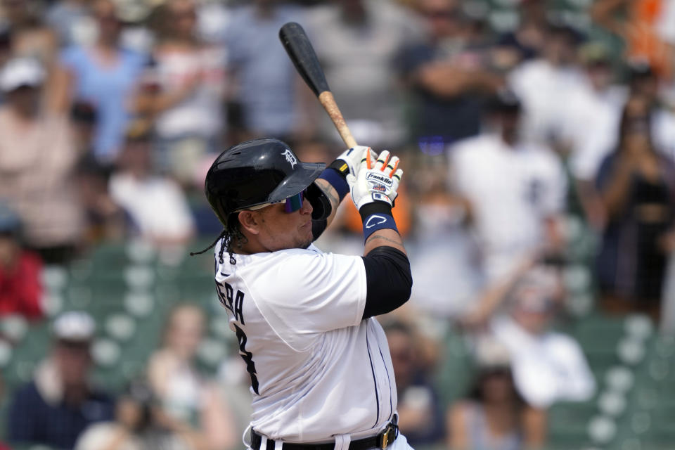 Detroit Tigers designated hitter Miguel Cabrera connects for a double during the ninth inning of a baseball game against the Arizona Diamondbacks, Saturday, June 10, 2023, in Detroit. (AP Photo/Carlos Osorio)