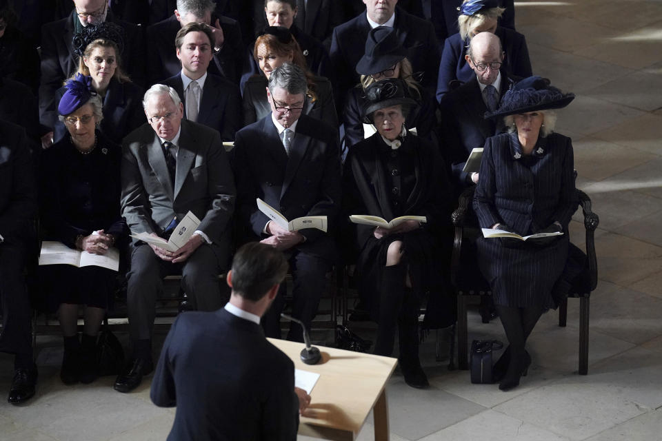 FILE - First row, from left, Duchess of Gloucester, Duke of Gloucester, Admiral Tim Laurence, Princess Anne and Queen Camilla attend a thanksgiving service for the life of King Constantine of the Hellenes at St George's Chapel, in Windsor Castle, England, Feb. 27, 2024. (Jonathan Brady/Pool via AP, File)