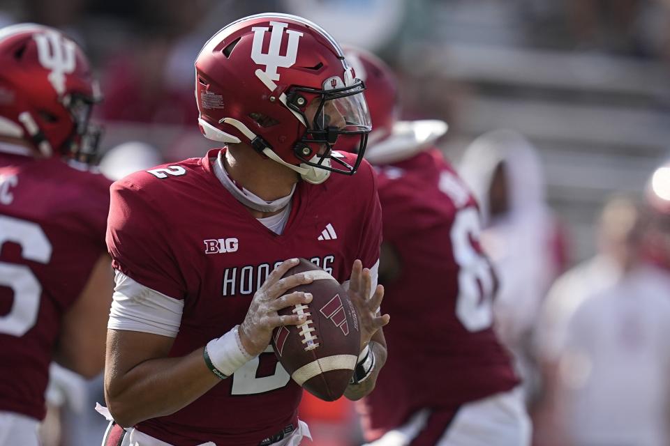 Indiana quarterback Tayven Jackson (2) looks to throw during the second half of an NCAA college football game against Ohio State, Saturday, Sept. 2, 2023, in Bloomington, Ind. (AP Photo/Darron Cummings)