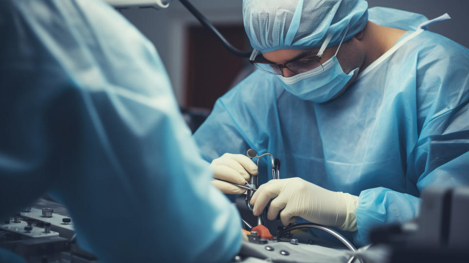 A close-up view of a technician wearing protective gloves while installing a mechanical thrombectomy system.