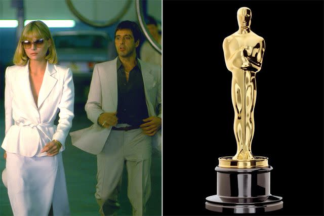 <p>Everett Collection; Albert Watson/AMPAS</p> Michelle Pfeiffer and Al Pacino in 'Scarface' ; Oscars statuette