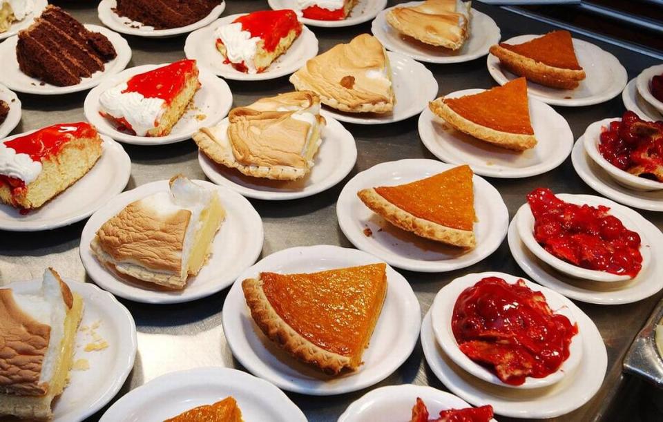 Cheesecake, lemon meringue pie, pumpkin pie and cherry cobbler are some of the desserts offered at K&W on Thanksgiving. File photo.