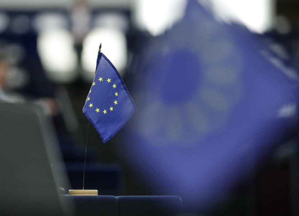 An European flag is pictured at the European Parliament in Strasbourg, eastern France, Tuesday, Sept.17, 2019. (AP Photo/Jean-Francois Badias)