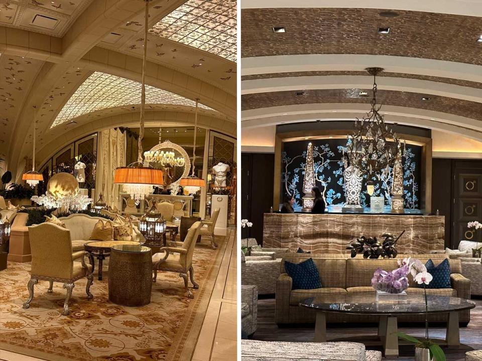 Side by side images of two glamorous waiting areas with fancy seating and decor.