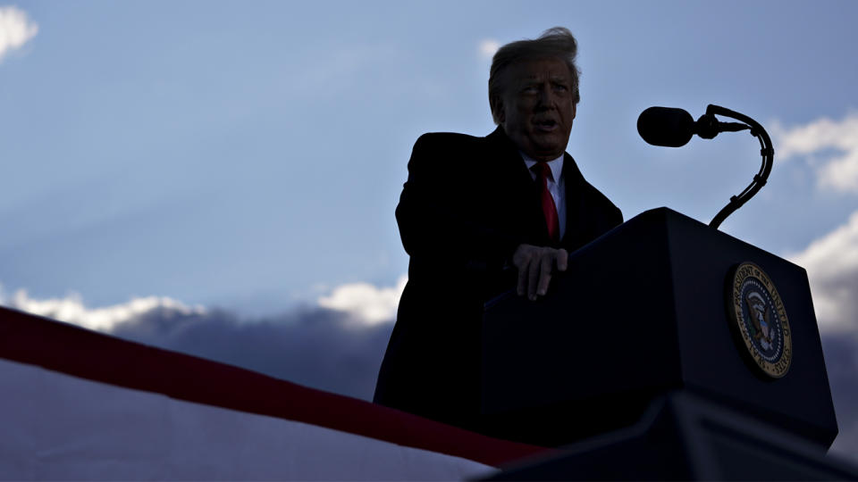 U.S. President Donald Trump speaks during a farewell ceremony at Joint Base Andrews, Maryland, U.S., on Wednesday, Jan. 20, 2021. (Stefani Reynolds/Bloomberg via Getty Images)