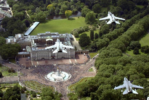 <p>The Royal Airforce flies over Buckingham Palace during the ceremony.</p>