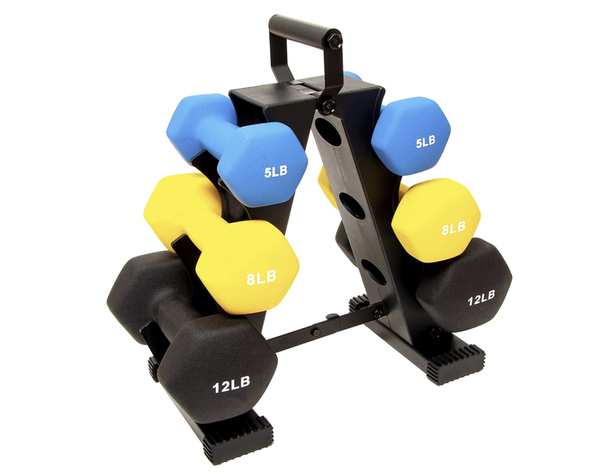 Blue, yellow and black weights in a stand.