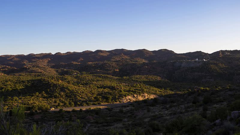 The sun sets over Oak Flat Campground, a sacred site for Native Americans located 70 miles east of Phoenix, on June 3, 2023, in Miami, Ariz. Oak Flat, or Chi’chil Bildagoteel, is a consecrated place used for prayer and ritual by many Native Americans in the region. Elders say the land was blessed by Usen, their Creator, and inhabited by Ga’an, the mountain spirits or angels who provide spiritual succor and guidance to seekers.