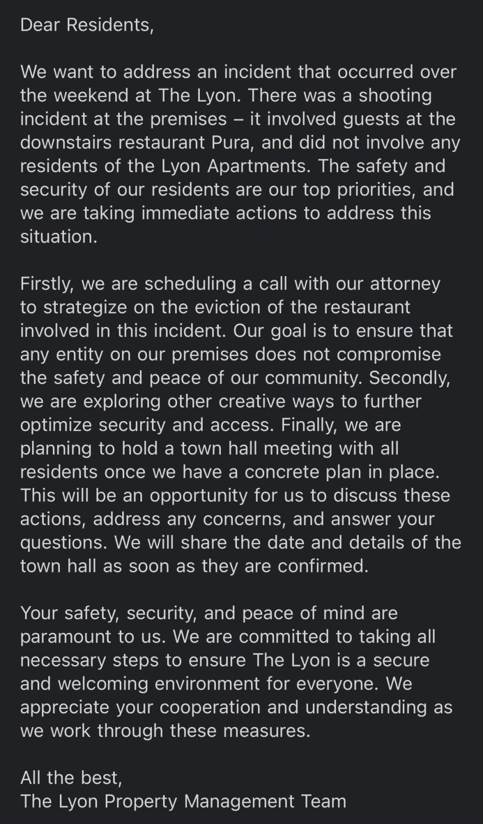 A notice emailed to residents of the Lyon Apartments Monday.