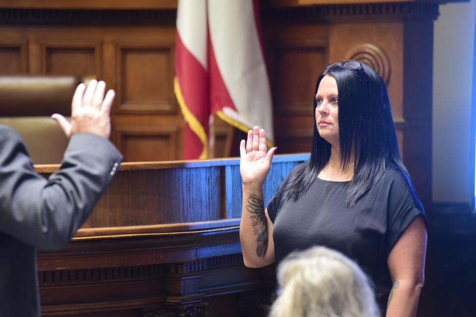 Rochelle Leonhardt is sworn in as a witness during trial in Crawford County Common Pleas Court on Tuesday. She testified about the evening Sean Cassaro died.