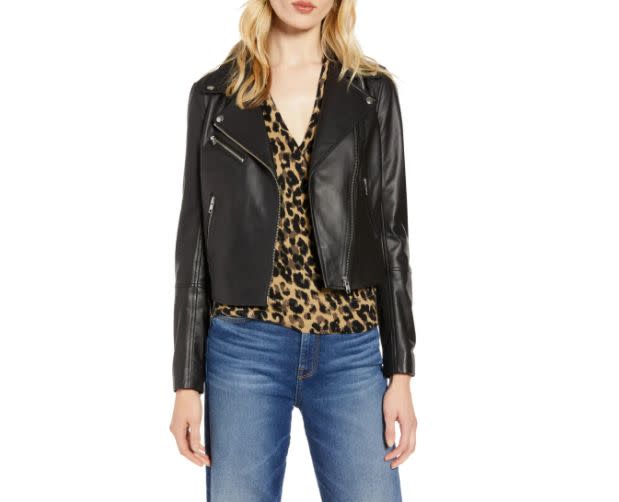 This <a href="https://fave.co/2HroXDU" target="_blank" rel="noopener noreferrer">Halogen Leather Moto Jacket</a> is available in sizes XS to XL. Find it <a href="https://fave.co/2HroXDU" target="_blank" rel="noopener noreferrer">on sale for $180</a> (normally $300) at Nordstorm.