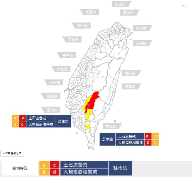 土石流警戒及大規模崩塌警戒，分布於高屏山區。   圖：翻攝自農委會水土保持局