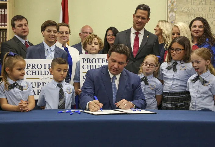 Florida Gov. Ron DeSantis signs the Parental Rights in Education bill at Classical Preparatory School in Spring Hill in March.