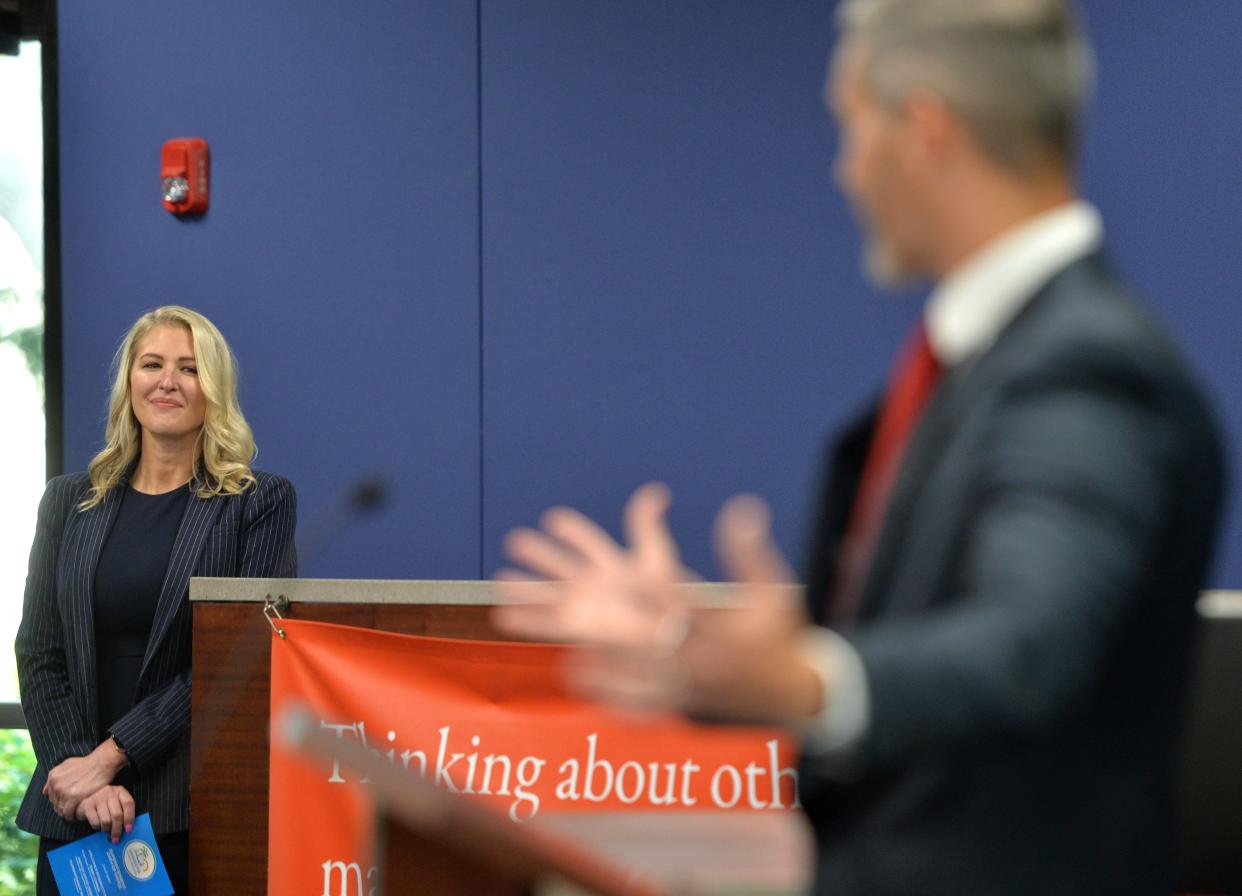 Bridget Ziegler, Sarasota County School Board Chair, listens as new Sarasota County Schools Superintendent Terry Connor, speaks following his swearing-in ceremony last summer.