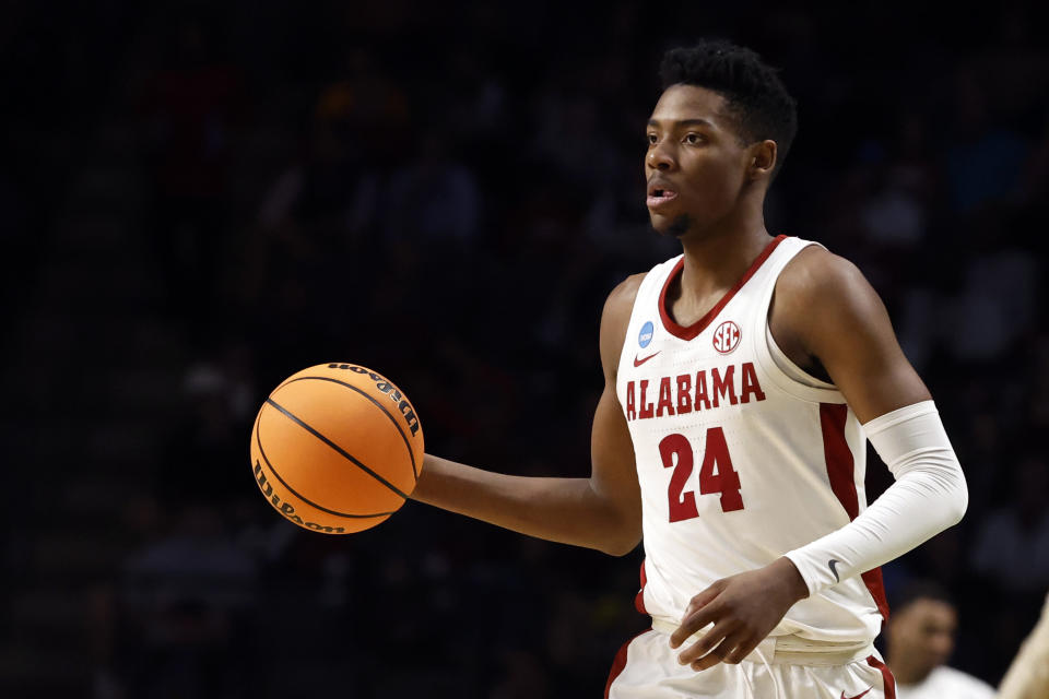 Alabama forward Brandon Miller brings the ball downcourt against Texas A&M Corpus Christi in the first half of a first-round college basketball game in the NCAA Tournament in Birmingham, Ala., Thursday, March 16, 2023. (AP Photo/Butch Dill)