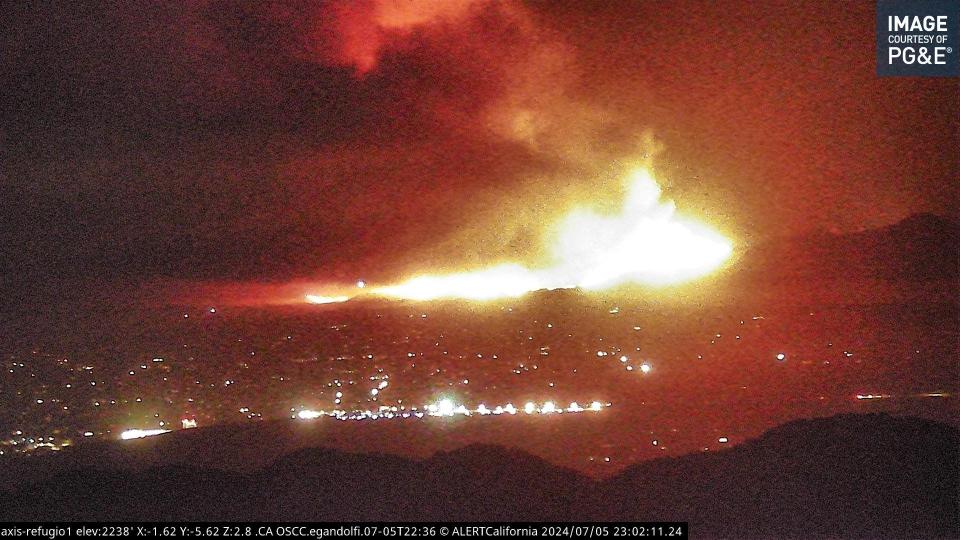 Flames from the Lake Fire, near Zaca Lake in Santa Barbara County, are visible in a PG&E camera as the blaze grew to nearly 5,000 acres late Friday night.