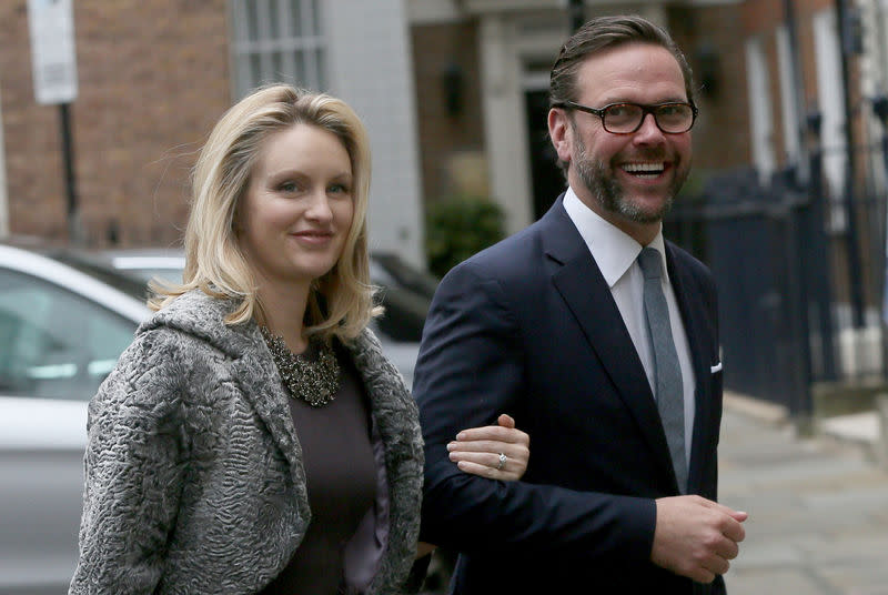 James Murdoch, the son of media mogul Rupert Murdoch, and his wife Kathryn Hufschmid arrive for a reception to celebrate the wedding between Rupert Murdoch and former supermodel Jerry Hall which took place on Friday, in London, Britain March 5, 2016. REUTERS/Neil Hall/Files