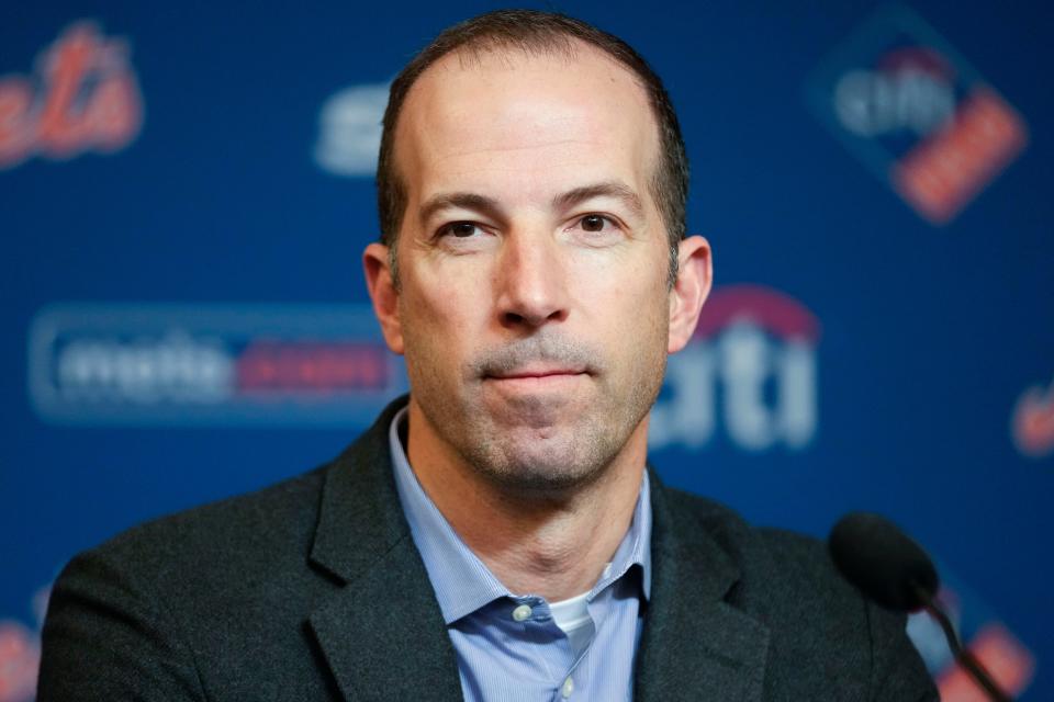 Billy Eppler speaks to reporters during a news conference at Citi Field in 2023.