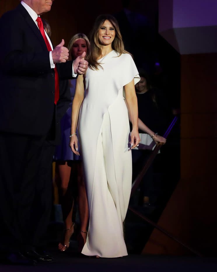 Melania Trump wears a white Ralph Lauren jumpsuit on election night (Photo: Getty Images)
