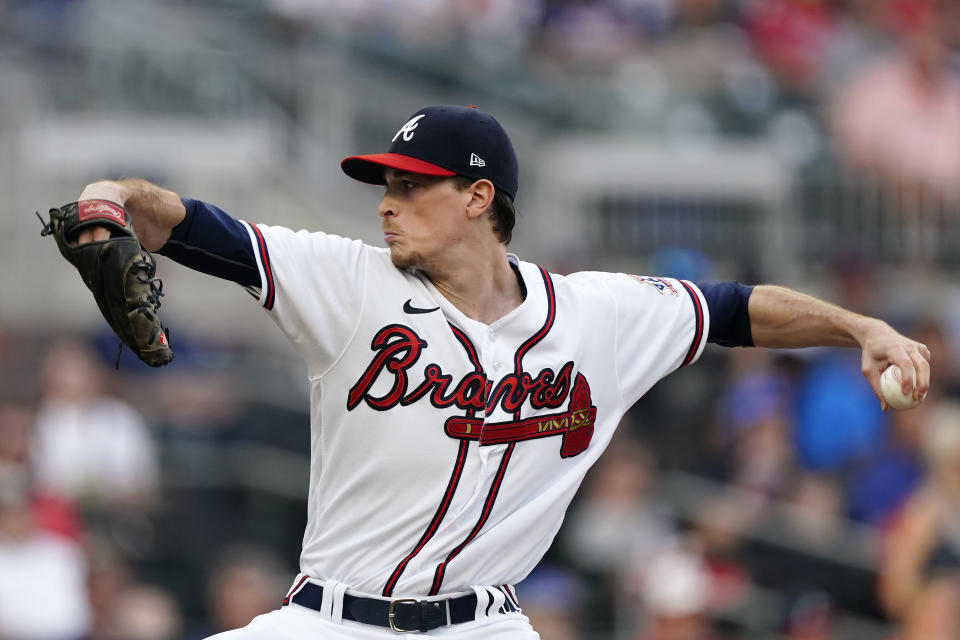 Atlanta Braves starting pitcher Max Fried delivers in the first inning of a baseball game against the Washington Nationals Tuesday, June 1, 2021, in Atlanta. (AP Photo/John Bazemore)
