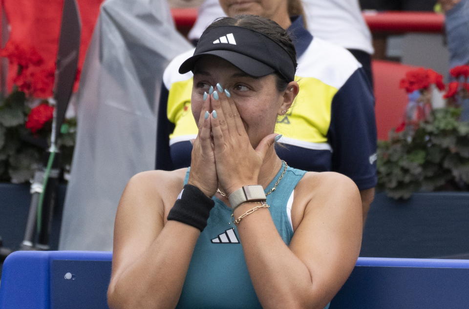 Jessica Pegula, of the United States, reacts following her win over Liudmila Samsonova, of Russia, in the women's final of the National Bank Open tennis tournament in Montreal, Sunday, Aug. 13, 2023. (Christinne Muschi/The Canadian Press via AP)