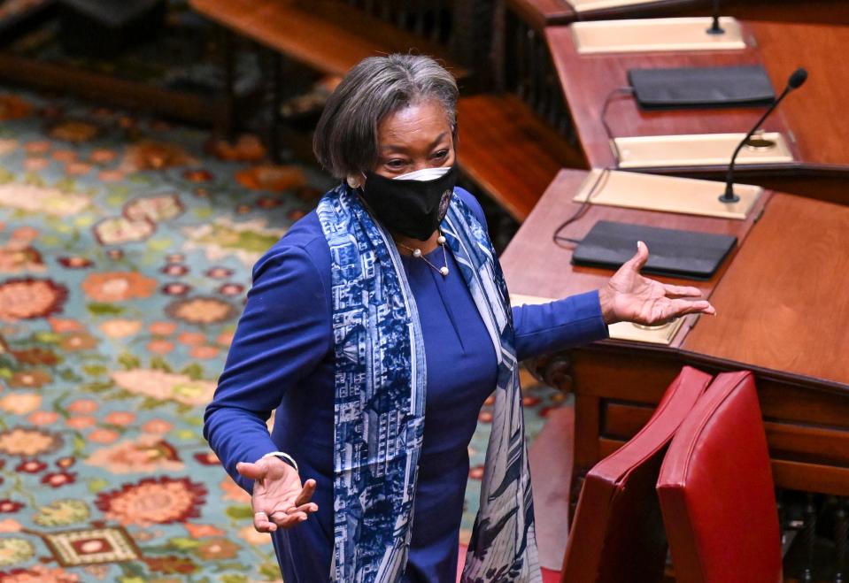 Senate Majority Leader Andrea Stewart-Cousins, D-Yonkers, in the New York Senate Chamber during session before Gov. Kathy Hochul delivers her first State of the State address at the state Capitol, Wednesday, Jan. 5, 2022, in Albany.