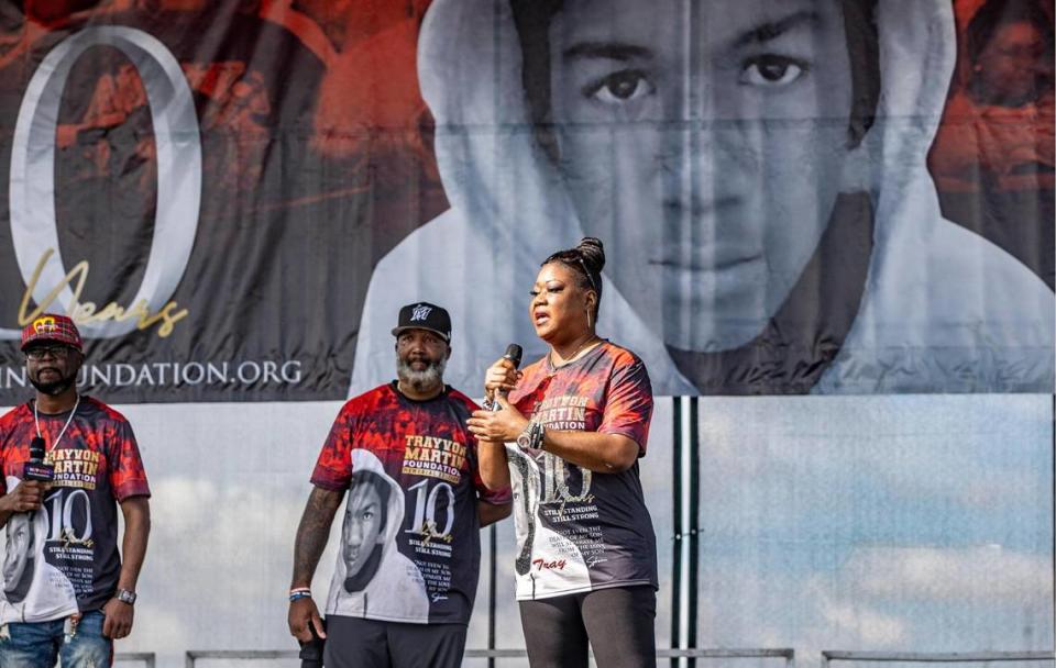 Trayvon Martin’s father, Tracy Martin, and mother, Sybrina Fulton, speak during the annual Trayvon Martin Foundation Peace Walk and Peace Talk at Ives Estate Park on Feb. 5, 2022. Local elected officials and artists attended the event to remember Trayvon on what would have been his 27th birthday, 10 years after his death. Pedro Portal