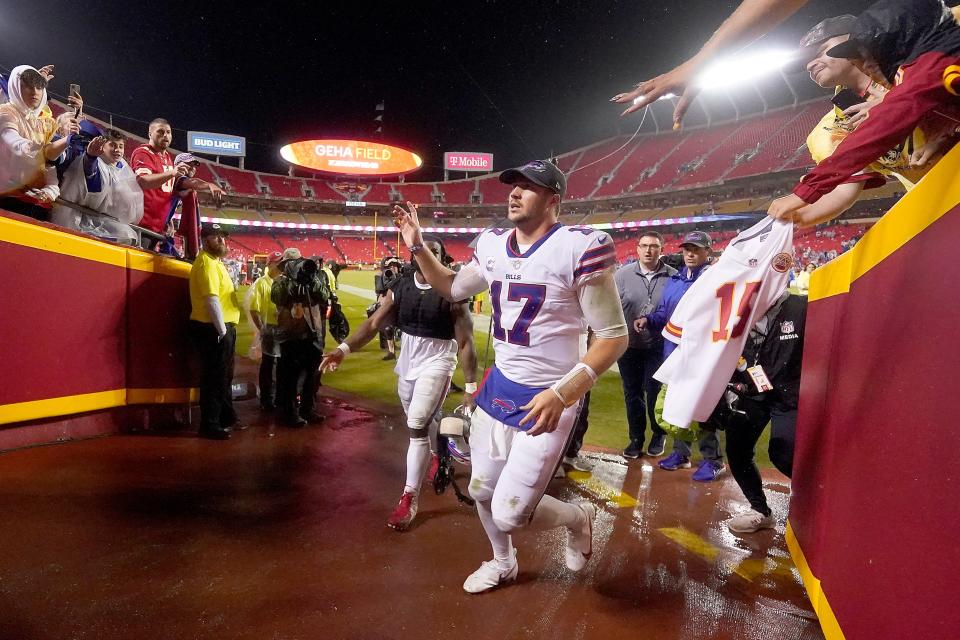 Bills quarterback Josh Allen (17) runs to the locker room after Buffalo beat the Kansas City Chiefs 38-20 on Oct. 10.