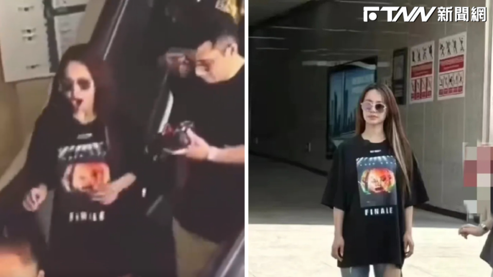 網路上流出蔡依林在重慶搭乘輕軌的監視器畫面，她帶著墨鏡，身穿黑色T恤，過程中打了個哈欠。（圖／翻攝自微博）