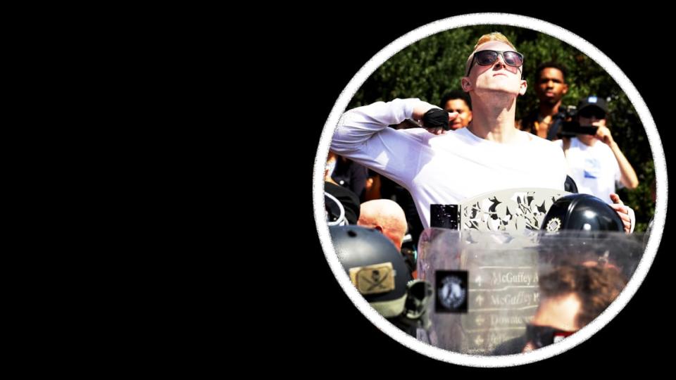 <div class="inline-image__caption"><p>A man makes a slashing motion across his throat toward counter-protesters as he marches with other white nationalists, neo-Nazis, and members of the “alt-right” during the “Unite the Right” rally Aug. 12, 2017, in Charlottesville, Virginia.</p></div> <div class="inline-image__credit">Photo Illustration by Elizabeth Brockway/The Daily Beast/Getty</div>