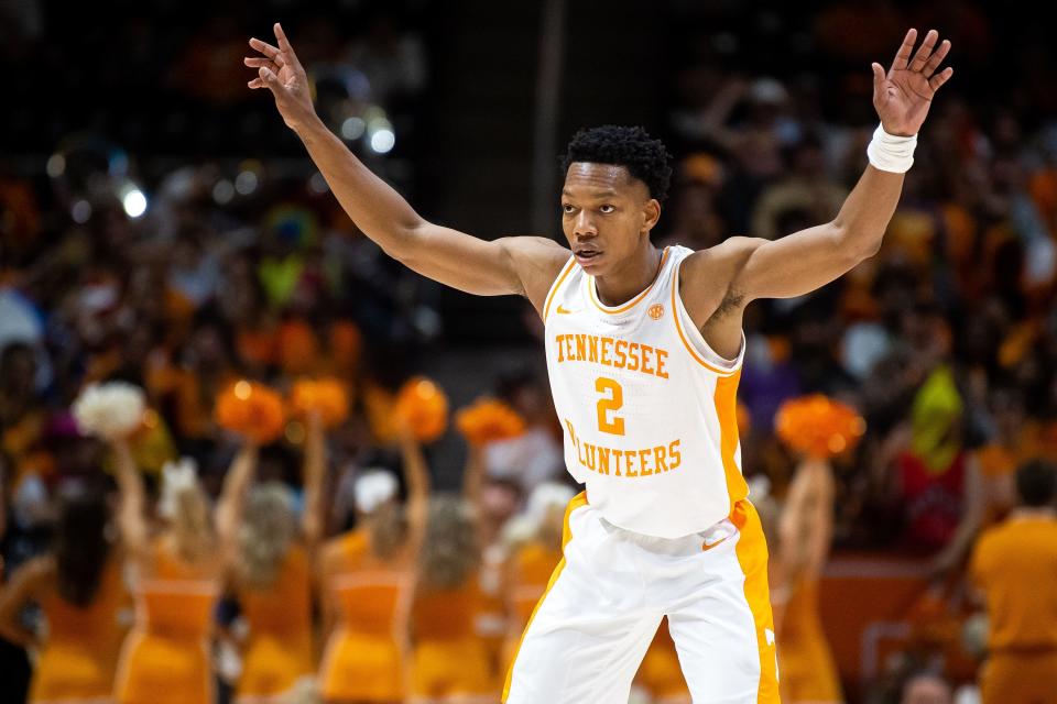 Tennessee guard Jordan Gainey (2) during a game between Tennessee and Lenoir-Rhyne at Food City Center at Thompson-Boling Arena in Knoxville on Tuesday, Oct. 31, 2023.