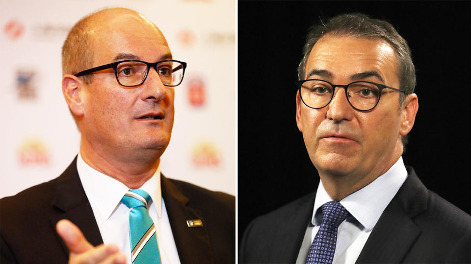 David Koch (pictured left) talking and South Australia Premier Steven Marshall (pictured right) at a press conference.