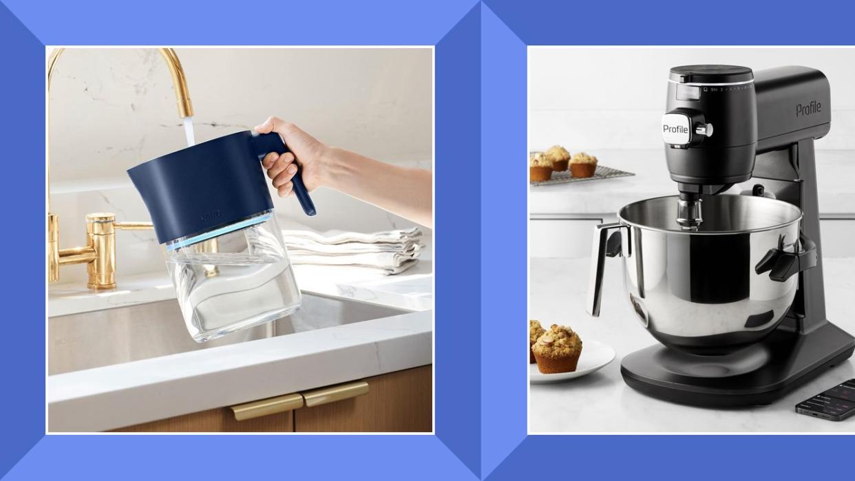 a person filling up a larq self cleaning uv water filter pitcher, ge profile smart mixer with auto sense on a countertop