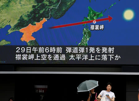 FILE PHOTO: Women walk past a large TV screen showing news about North Korea's missile launch in Tokyo, Japan, August 29, 2017. REUTERS/Kim Kyung-Hoon/File Photo