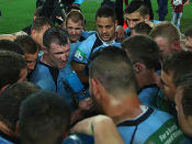 Paul Gallen adresses him troops after they went 1-0 up in the series.