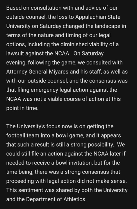 <em>JMU’s updated statement on the decision to not move forward with a lawsuit against the NCAA</em>.